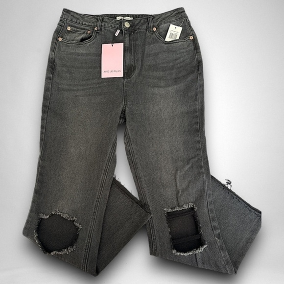 Avec Les Filles Destroyed Knees Frayed Hem Distressed Jeans BLACK size 29 NWT - Picture 3 of 6